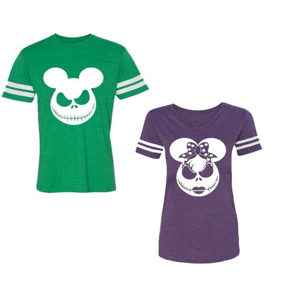 Halloween Jack Mouse EarsUnisex Couple Matching Cotton Jersey style T-Shirt Contrasting stripes on sleeves (Men Green / Women Purple) (Men L / Women L)
