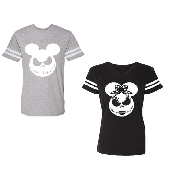 Halloween Jack Mouse EarsUnisex Couple Matching Cotton Jersey style T-Shirt Contrasting stripes on sleeves (Men Heather / Women Black) (Men S / Women S)