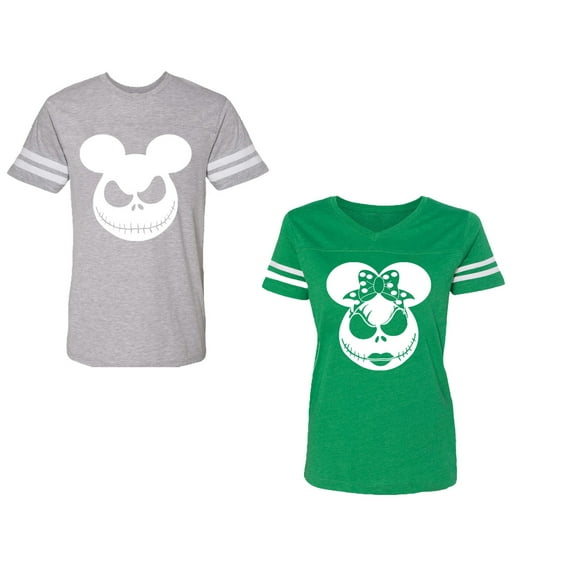 Halloween Jack Mouse EarsUnisex Couple Matching Cotton Jersey style T-Shirt Contrasting stripes on sleeves (Men Heather / Women Green) (Men S / Women L)
