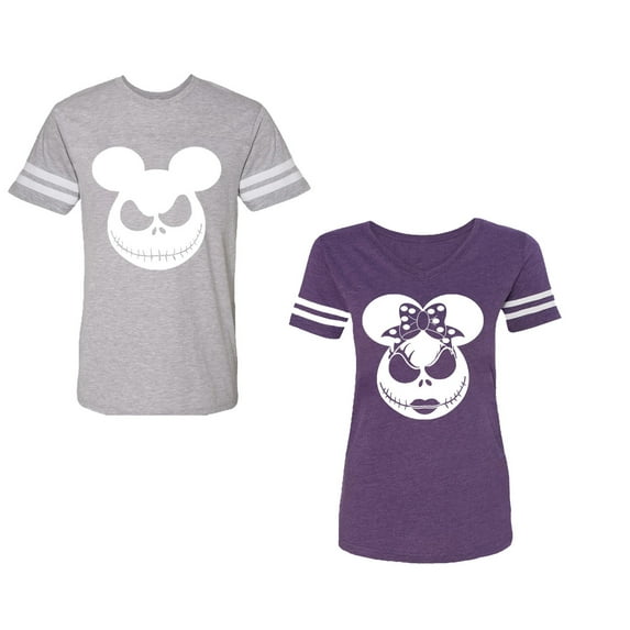 Halloween Jack Mouse EarsUnisex Couple Matching Cotton Jersey style T-Shirt Contrasting stripes on sleeves (Men Heather / Women Purple) (Men XL / Women XXL)