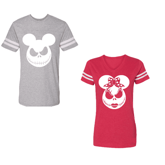 Halloween Jack Mouse EarsUnisex Couple Matching Cotton Jersey style T-Shirt Contrasting stripes on sleeves (Men Heather / Women Red) (Men M / Women M)