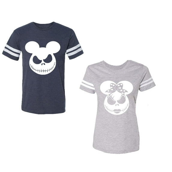 Halloween Jack Mouse EarsUnisex Couple Matching Cotton Jersey style T-Shirt Contrasting stripes on sleeves (Men Navy / Women Heather) (Men S / Women L)