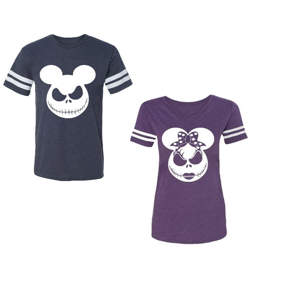 Halloween Jack Mouse EarsUnisex Couple Matching Cotton Jersey style T-Shirt Contrasting stripes on sleeves (Men Navy / Women Purple) (Men L / Women M)
