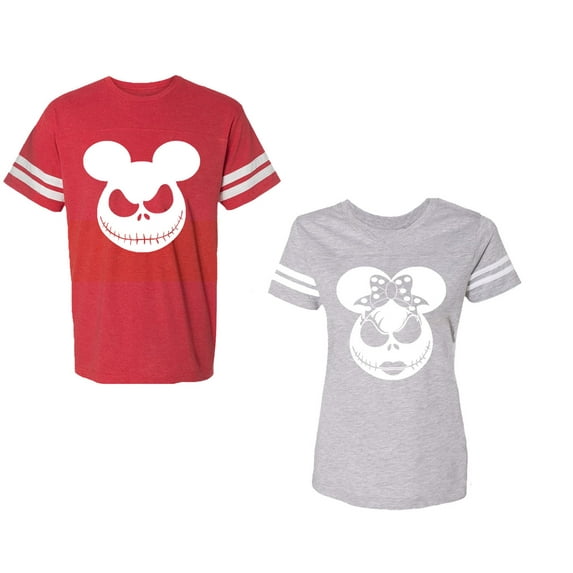 Halloween Jack Mouse EarsUnisex Couple Matching Cotton Jersey style T-Shirt Contrasting stripes on sleeves (Men Red / Women Heather) (Men L / Women XXL)