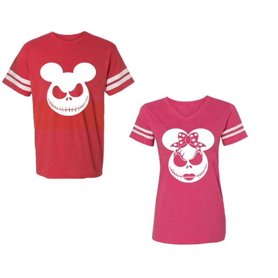 Halloween Jack Mouse EarsUnisex Couple Matching Cotton Jersey style T-Shirt Contrasting stripes on sleeves (Men Red / Women Pink) (Men XXL / Women XL)