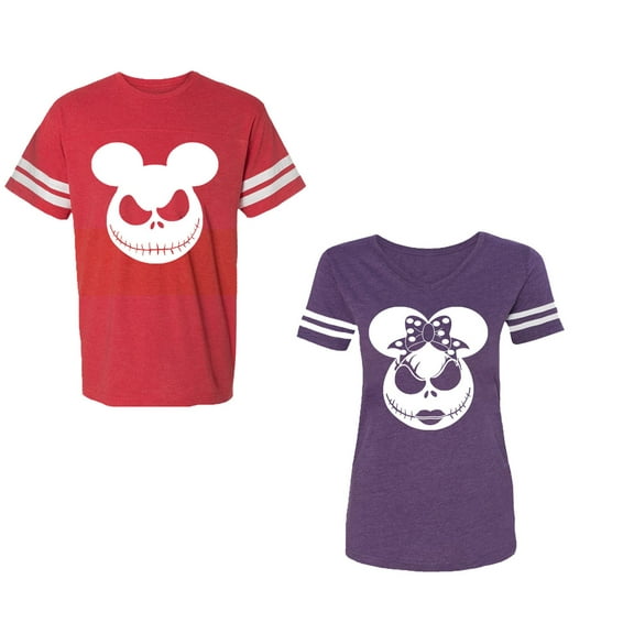 Halloween Jack Mouse EarsUnisex Couple Matching Cotton Jersey style T-Shirt Contrasting stripes on sleeves (Men Red / Women Purple) (Men S / Women XL)