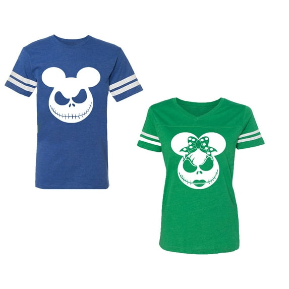 Halloween Jack Mouse EarsUnisex Couple Matching Cotton Jersey style T-Shirt Contrasting stripes on sleeves (Men Royal / Women Green) (Men L / Women XXL)