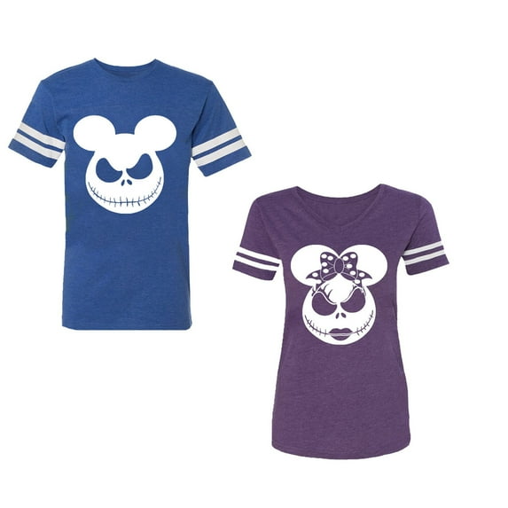 Halloween Jack Mouse EarsUnisex Couple Matching Cotton Jersey style T-Shirt Contrasting stripes on sleeves (Men Royal / Women Purple) (Men XL / Women XXL)