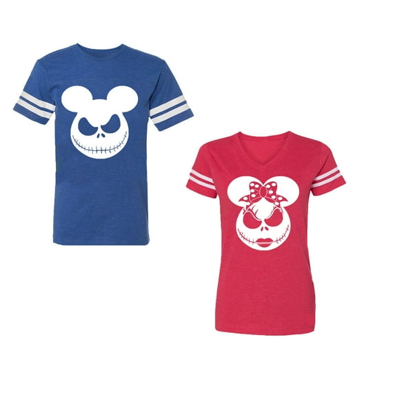 Halloween Jack Mouse EarsUnisex Couple Matching Cotton Jersey style T-Shirt Contrasting stripes on sleeves (Men Royal / Women Red) (Men XL / Women XL)