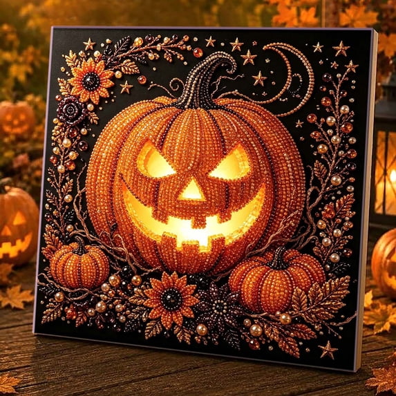 Halloween Jack-O-Lantern 3D Pearl Diamond Art Kit Full Drill Shaped Rhinestone Painting for Adults Beginners Glowing Pumpkin Sunflower Maple Leaf Fall Decor Holiday Handmade Gift