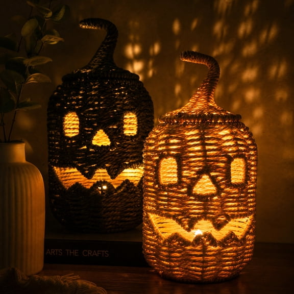 Halloween Jack-O'-Lantern Basket with Lid - Black Rattan Pumpkin Figurine Decor, Handcrafted Rattan Pumpkin Tabletop Centerpiece for Farmhouse Style Halloween Home Ornament(Black A)