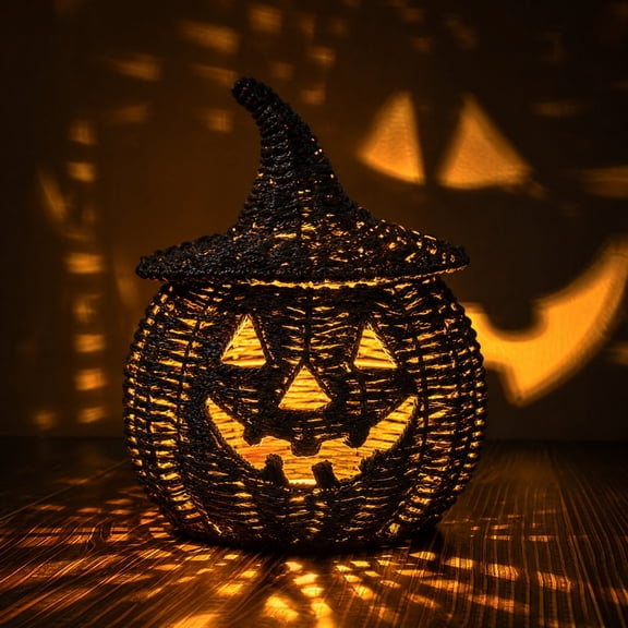 Halloween Jack-O'-Lantern Basket with Lid - Black Rattan Pumpkin Figurine Decor, Handcrafted Rattan Pumpkin Tabletop Centerpiece for Farmhouse Style Halloween Home Ornament(Blck B)