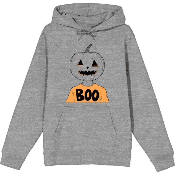 Halloween Jack-O-Lantern Boy Boo Adult Heather Gray Long Sleeve Hoodie-Medium