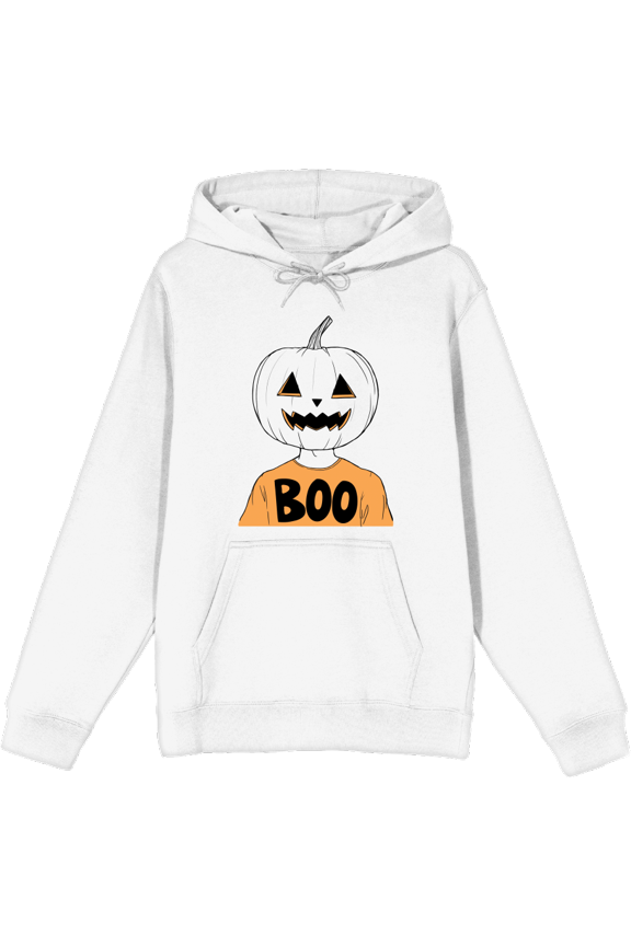 Halloween Jack-O-Lantern Boy Boo Adult White Long Sleeve Hoodie-XXL