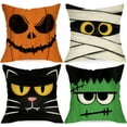 thumbnail image 1 of Halloween Jack O Lantern Decorative Throw Pillow Covers 18 x 18 Set of 4, Spooky Face Mummy Black Cat Fran.kens-tein Cushion Case Decor, Holiday Home Decoration for Sofa Couch, 1 of 5