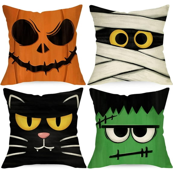 Halloween Jack O Lantern Decorative Throw Pillow Covers 18 x 18 Set of 4, Spooky Face Mummy Black Cat Fran.kens-tein Cushion Case Decor, Holiday Home Decoration for Sofa Couch