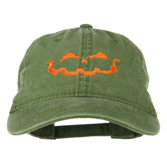 Halloween Jack O Lantern Embroidered Washed Dyed Cap - Olive Green OSFM