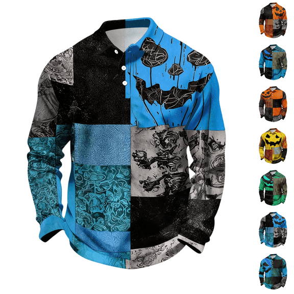 Halloween Jack O Lantern Patchwork Mesh Breathable Men Long Sleeve Polo Shirt Vintage Crack Pumpkin Print Lapel Button Polo Top Fall Party Daily Casual Men Polo Blouse Blue XL