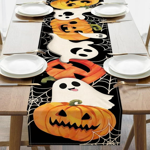Halloween Jack O Lantern Pumpkin Ghost Dining Table Runner, Spooky Spider Web Burlap Kitchen Decoration, Funny Indoor Outdoor Home Decor Party Supply 13 x 72 Inches