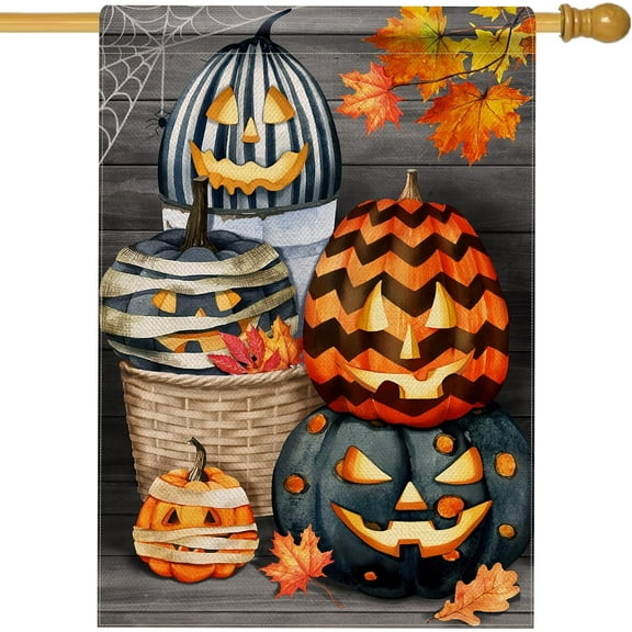 Halloween Jack O Lantern Pumpkin House Flag Double Sided, Fall Gourd Maple Leaves Decorative Garden Yard Outdoor Large Decor, Farmhouse Autumn Burlap Home Outside Holiday Decoration 28 x 40
