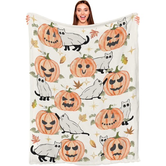 Halloween Jack O Lantern Pumpkin Throw Blanket Fall, Spooky Black Cat Ghost Soft Warm Lightweight Flannel Fleece Blankets for Bed Sofa Couch, Kid Adult Bedroom Bedding 40 x 50