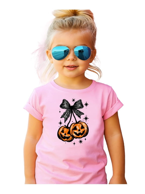 Halloween Jack-O-Lantern Pumpkin With Black Bow Shirt for Women, Teens & Girls Spooky Season Tee Pink Shirt 12 Months
