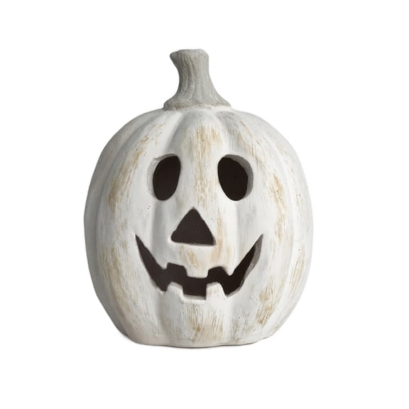 Halloween Jack O Lantern, White Resin Pumpkin Candle Holder with Carved Face on Patio Porch, Spooky Fall Tabletop Figurine Decor