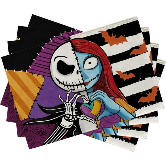 Halloween Jack Placemats Set of 4, Black White Stripes Patch Bat Dining Table Place Mats, Funny Holiday Kitchen Decor Home Decoration 12 x 18 Inch