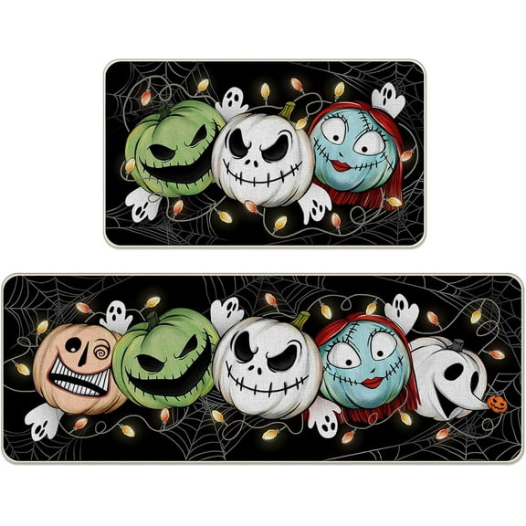 Halloween Jack Skellington Kitchen Rugs Set of 2, Green Monster Mayor Jack O Lantern Pumpkin Kitchen Mats Decor, Funny Holiday Ghost Floor Door Mat Home Decorations - 17x29 and 17x47 Inch