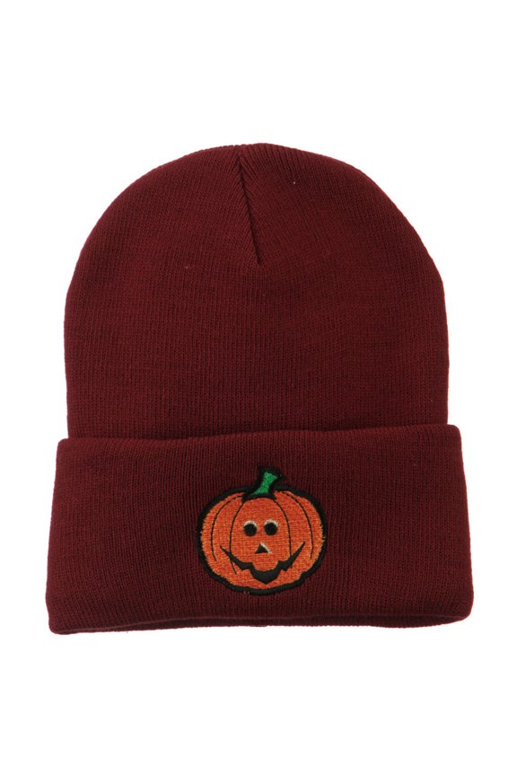 Halloween Jack o Lantern Embroidered Long Beanie - Maroon OSFM