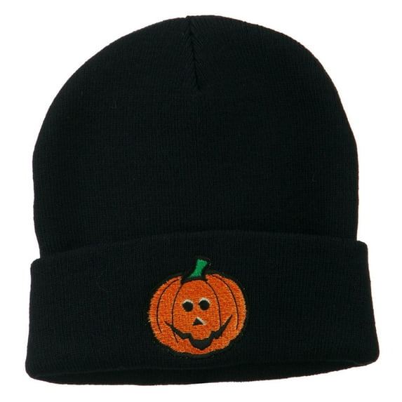 Halloween Jack o Lantern Embroidered Long Beanie - Navy OSFM