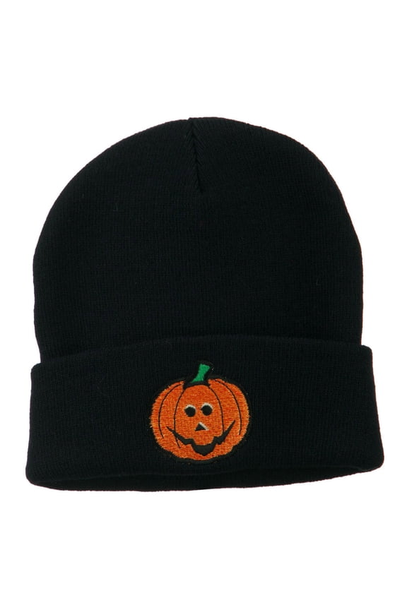 Halloween Jack o Lantern Embroidered Long Beanie - Navy OSFM