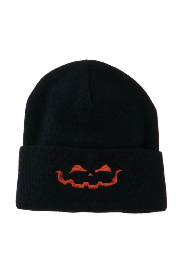 Halloween Jack o Lantern Face Embroidered Long Beanie - Navy OSFM