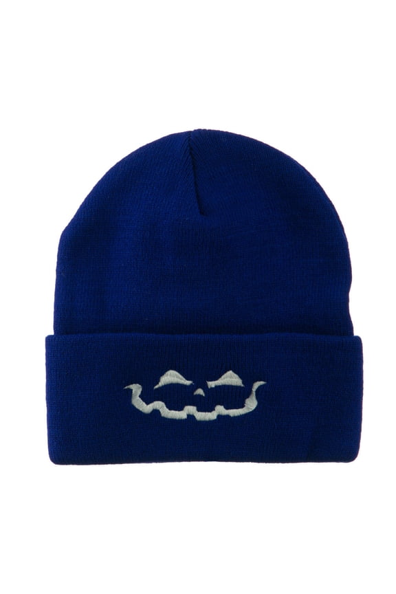 Halloween Jack o Lantern Face Embroidered Long Beanie - Royal OSFM