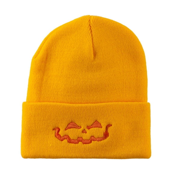 Halloween Jack o Lantern Face Embroidered Long Beanie - Yellow OSFM