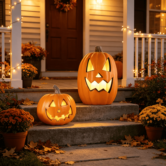 Light Up Jack-O'-Lantern Pumpkins, 10 in and 16 in, 2 Piece LED Halloween Decorations for Porch and Indoor Outdoor Use