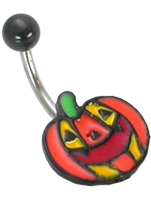 Halloween Jack-o-Lantern Pumpkin Face Belly Button Ring, 14G, 7/16 Inch, 316L Stainless Steel with Acrylic Ball
