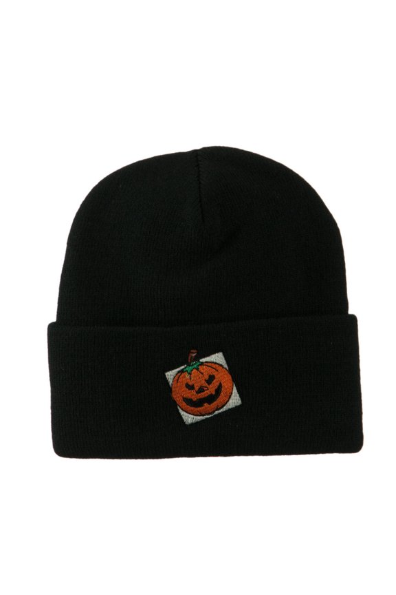 Halloween Jack o Lantern with a Square Box Embroidered Long Beanie - Black OSFM