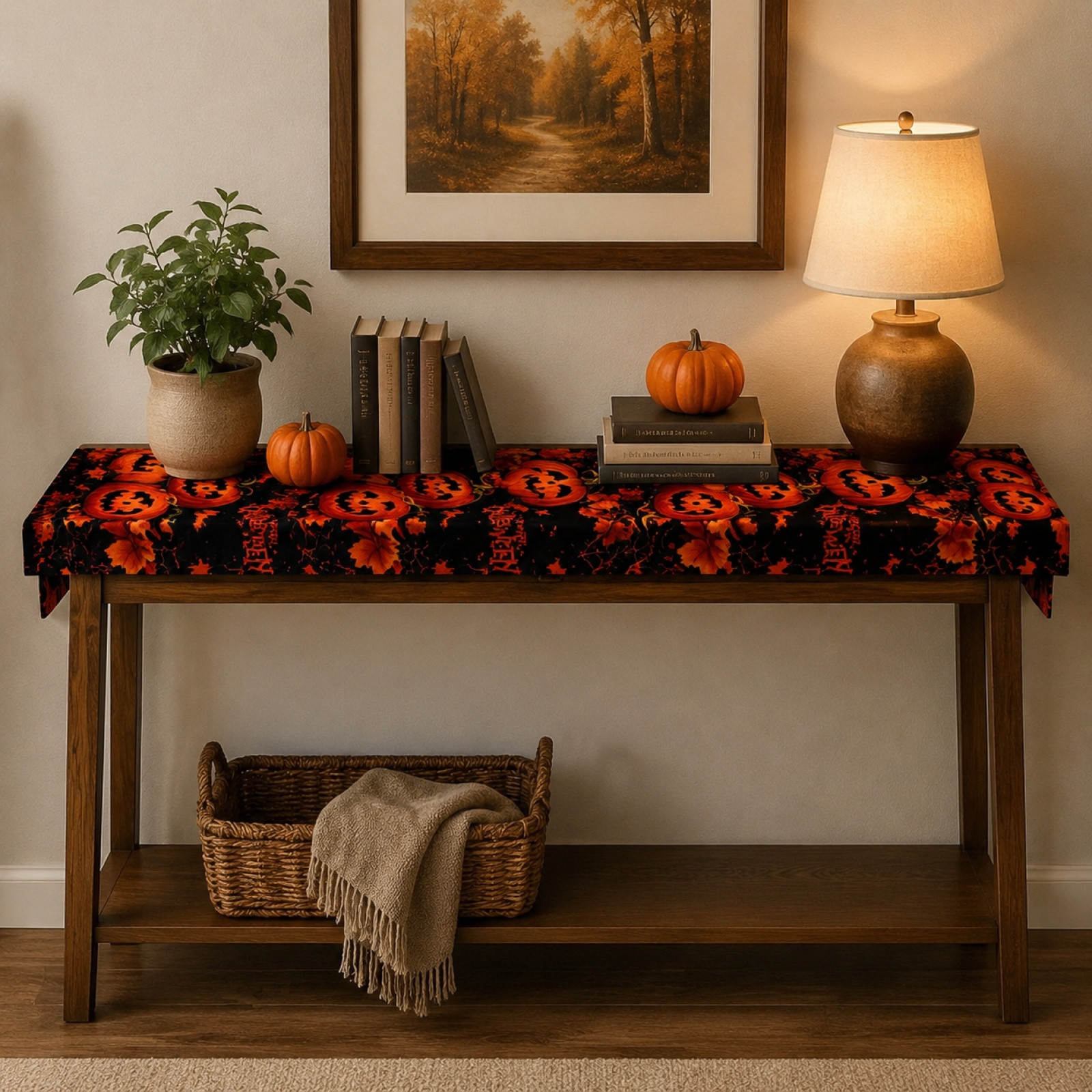 Halloween Jack-o'-lantern Polyester Table Runner, 73”×13.8” Mantle Console Dining Table Decor, by Sktrjpolfis