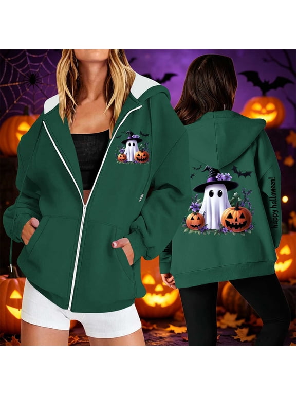 Halloween Jackets for Women Cute Ghost Printed Full Zipper Drawstring Hooded Fashion Jacket with Pockets Green XXL