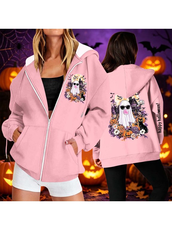 Halloween Jackets for Women Cute Ghost Printed Full Zipper Drawstring Hooded Fashion Spooky Festival Jacket with Pockets Pink S