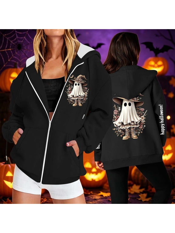Halloween Jackets for Women Cute Ghost Printed Full Zipper Drawstring Hooded Trendy Spooky Party Jacket with Pockets Black M