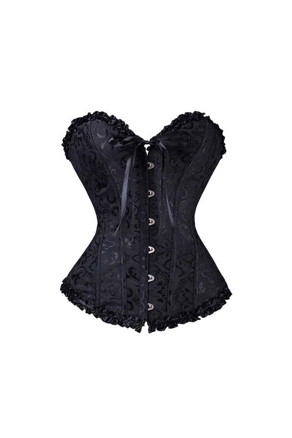 Halloween Jacquard Ruffle Trim Black Overbust Corset Lace Up Waist Trainer Gothic Party Shapewear