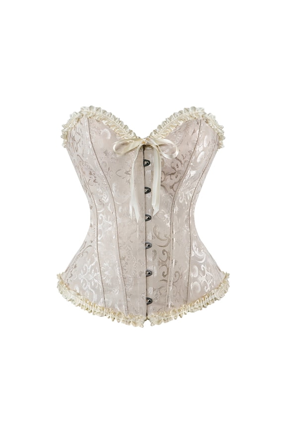 Halloween Jacquard Ruffle Trim Black Overbust Corset Lace Up Waist Trainer Gothic Party Shapewear