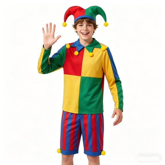 Halloween Jester Costume - B"oy"s Jester Cosplay Jumpsuit with Pointed Hat, Dress Up for Halloween Stage Performances Party, Size:120