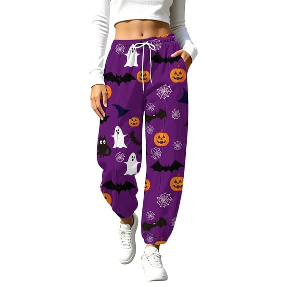 Halloween Jogger Sweatpants for Women Ghost Pumpkin Graphic with Pockets Elastic Drawstring Waist Soft Fabric Relaxed Fit Cuffed Ankle Pants for Party Lounge Casual Wear