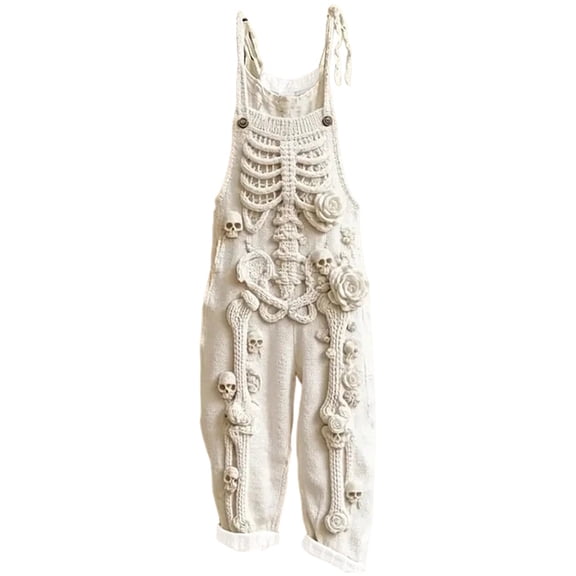 Halloween Jumpsuit for Women, Skeleton Ghost Print Romper, Scary Cute Outfit with Adjustable Waist Stretchy