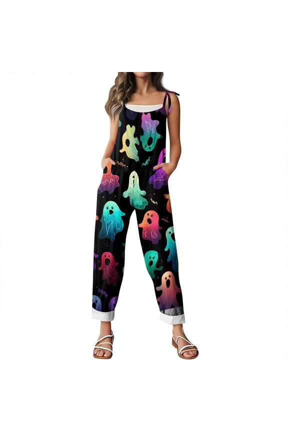 Halloween Jumpsuits for Women One Piece Sleeveless Pumpkin Print Rompers Pants Adjustable Strap Baggy Overalls Casual Cotton Overalls with Pockets Fashion Fall Clothes Party Outfits, Green S