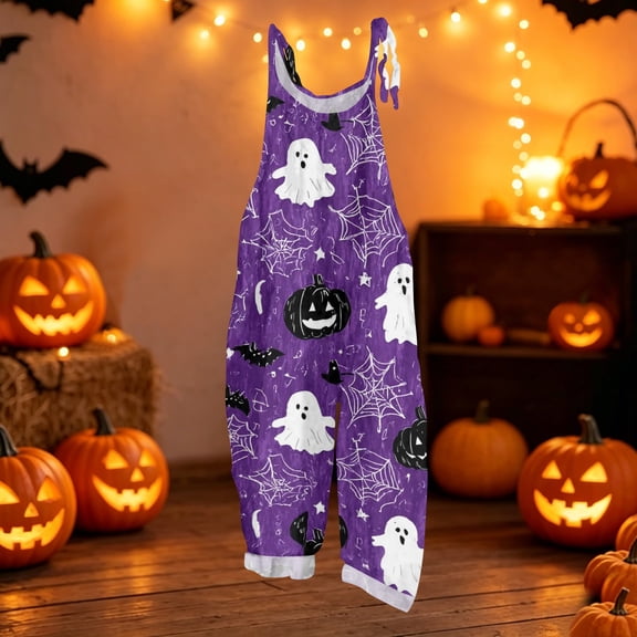 Halloween Jumpsuits for Women Plus Size Sleeveless Pumpkin Ghost Jumpsuits Rompers Boho Baggy Womens Romper Summer Casual Loose Spaghetti Strap Overalls for Women Dark Purple M