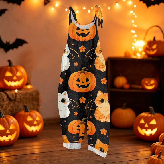 Halloween Jumpsuits for Women Summer Plus Size Boho Baggy Rompers for Women Sleeveless Pumpkin Ghost Jumpsuits Rompers Loose Fit Adjustable Strap Overalls for Women Orange 3XL